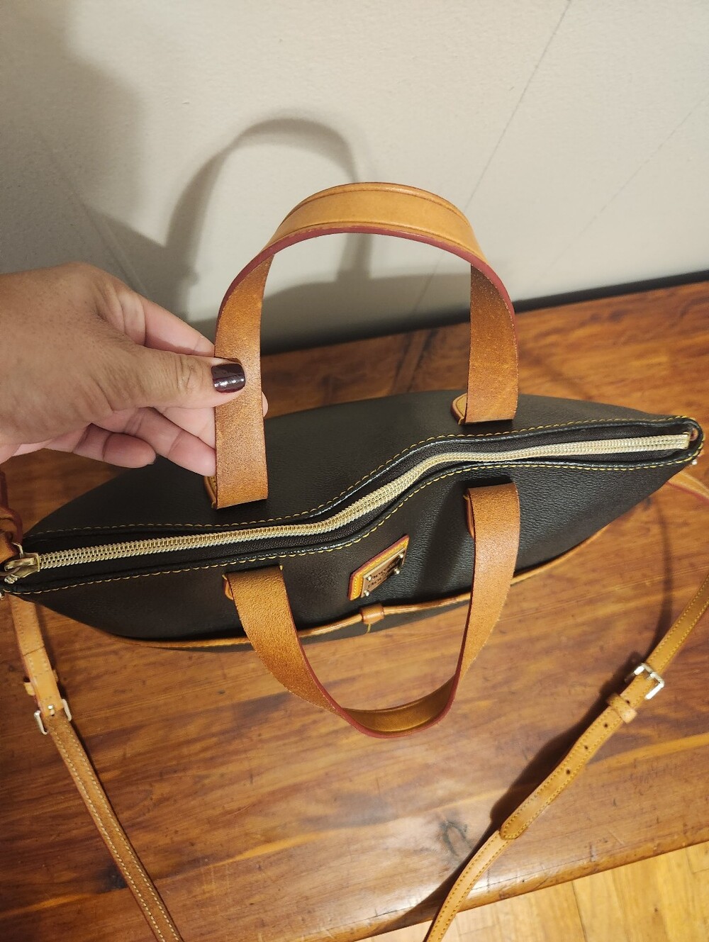 Dooney & Bourke Black Duffel with Tan Trim and Red Interior - Picture 4 of 5